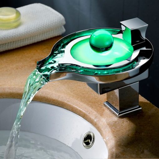 Akaka Chrome Finish Temperature Sensing Waterfall Hot and Cold Water LED Bathroom Sink Faucet