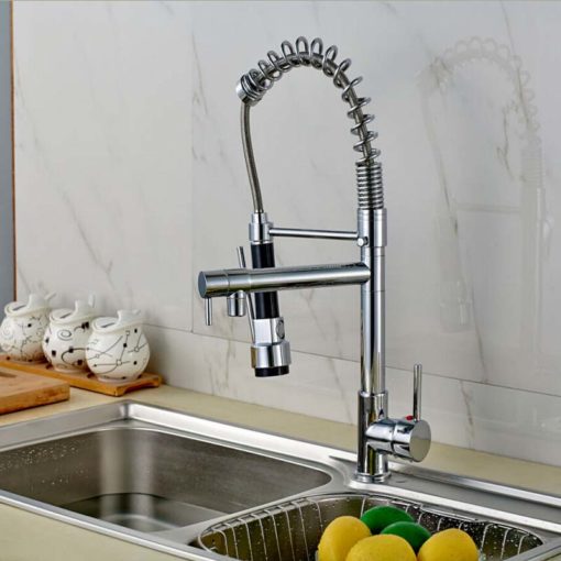 Alger Chrome Finish Dual Spout Kitchen Sink Faucet with Pull Out Sprayer 1