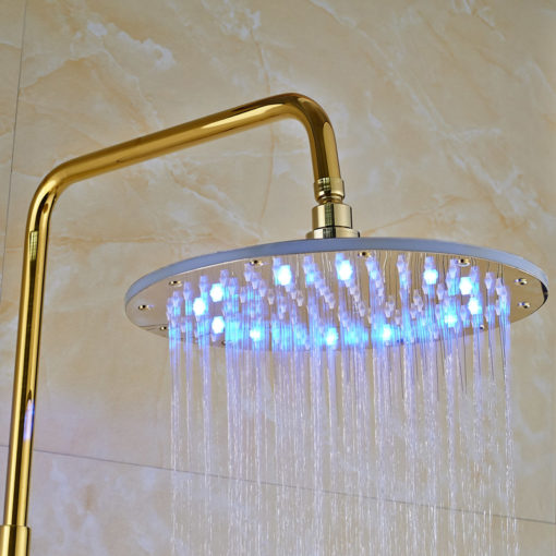 Catawba Gold Finish Wall Mounted Round LED RainFall Shower Head with Handheld Shower & Tub Spout (8", 10", 12")