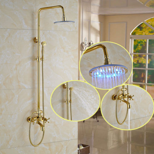 Catawba Gold Finish Wall Mounted Round LED RainFall Shower Head with Handheld Shower & Tub Spout (8", 10", 12")