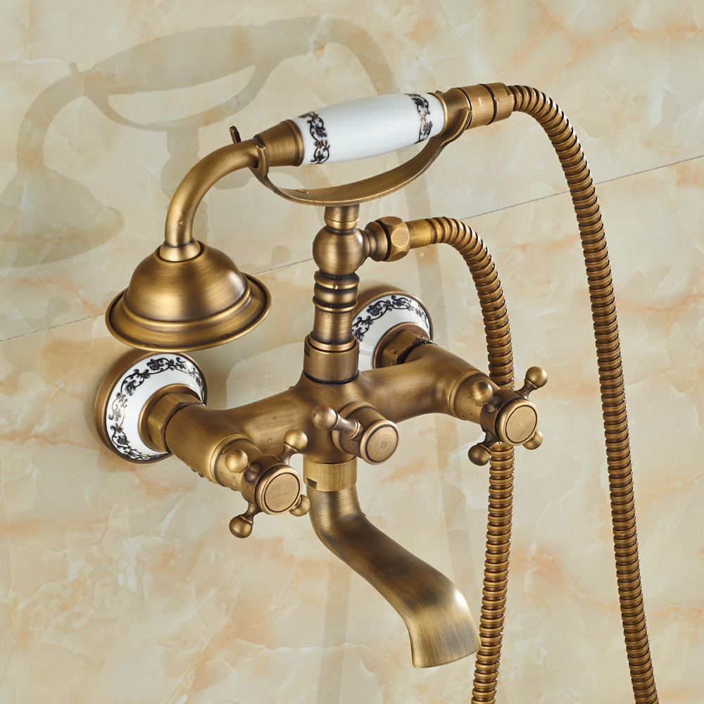 Cullasaja Antique Brass Finish Telephone Hand Shower with Bathtub Faucet & Mixer 1