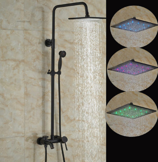 Linville Oil Rubbed Bronze Wall Mounted Square Hot & Cold Water LED RainFall Shower Head with Handheld Shower & Tub Spout (8", 10", 12", 16")