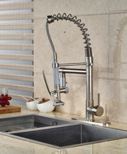 Minnehaha Brushed Nickel Finish Dual Spout Kitchen Sink Faucet with Pull Out Sprayer & Cover Plate