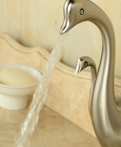 Toketee Deck-Mounted Swan Shaped Brushed Nickel Bathroom Sink Faucet with Hot & Cold Water Mixer 1