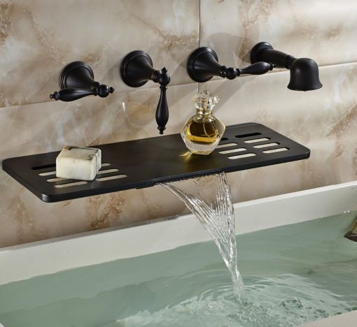 Waihilau Oil Rubbed Bronze Finish Water Fall BathTub Faucet with Soap Dish Holder & Hand Shower 1