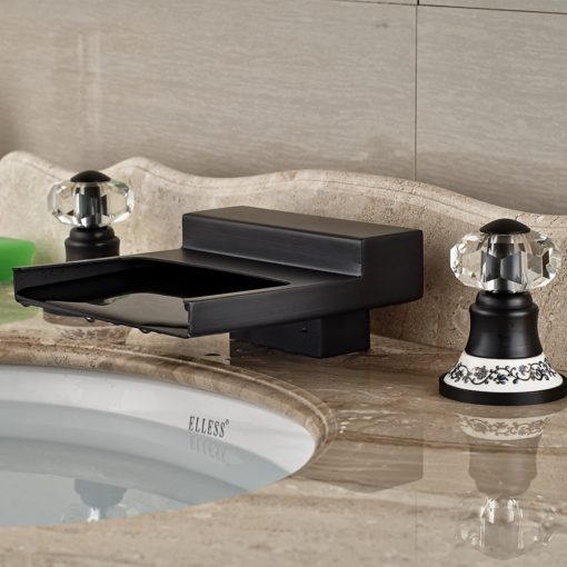 Yakso Dual Handle Oil Rubbed Bronze Water Fall Bathroom Sink Faucet with Hot & Cold Water Mixer 1