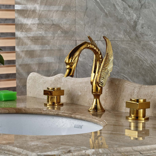Dingmans Swan Shaped Gold Finish Dual Handle Bathroom Sink Faucet with Hot & Cold Mixer 2