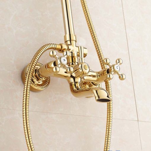 Ricketts Gold Finish Wall Mounted RainFall Shower Set with Handheld Shower, Tub Spout and Hot & Cold Mixer 1