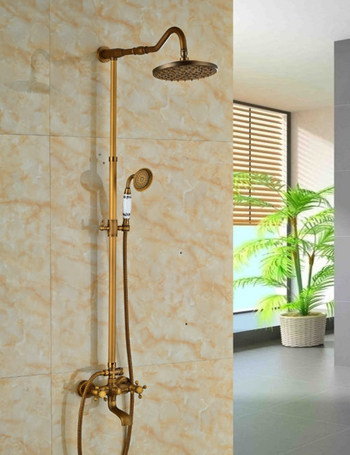 Scudders Antique Brass Finish Wall Mounted RainFall Shower Set with Handheld Shower, Tub Spout and Hot & Cold Mixer 1