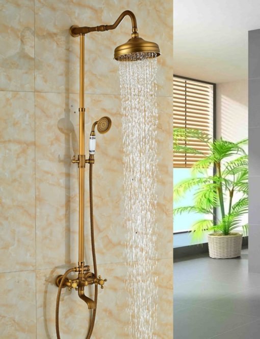 Scudders Antique Brass Finish Wall Mounted RainFall Shower Set with Handheld Shower, Tub Spout and Hot & Cold Mixer 6
