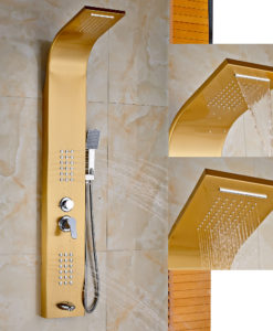 Silverthread Gold Finish Massage Shower Panel System with Rainfall & Waterfall Showerhead, Handshower & Body Massage Jets 1