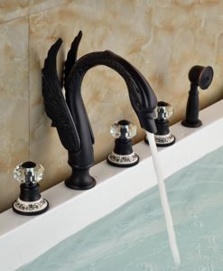 Kanim Swan Shaped 5 Hole Oil Rubbed Bronze Bath tub faucet with Crystal Handle & Hand Held Shower On Sale 1