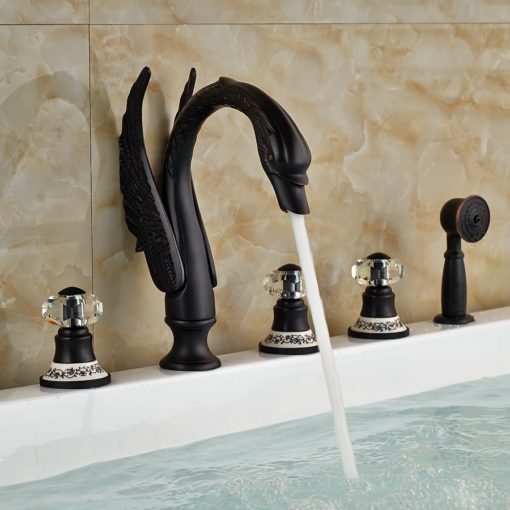 Kanim Swan Shaped 5 Hole Oil Rubbed Bronze Bath tub faucet with Crystal Handle & Hand Held Shower On Sale 1