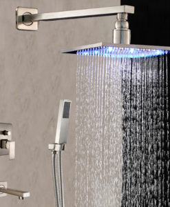 Miller Exposed Shower System with Wall Mount Brushed Nickel LED Shower Head, Hand Held Shower, Tub Spout & Mixer Valve 1
