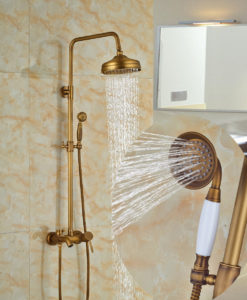 Nellie Antique Brass Shower Set with 8 Inch Antique Brass Rain Shower Head, Handheld Shower, Tub Spout & Hot Cold Mixer Valve