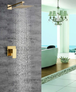 Nooksack Wall Mount Exposed Rainfall Shower System with Luxury Gold Rain Shower Head & Single Handle Mixer Valve