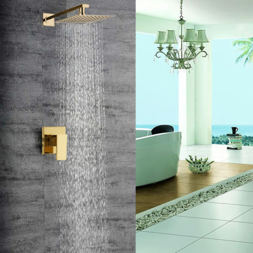Nooksack Wall Mount Exposed Rainfall Shower System with Luxury Gold Rain Shower Head & Single Handle Mixer Valve